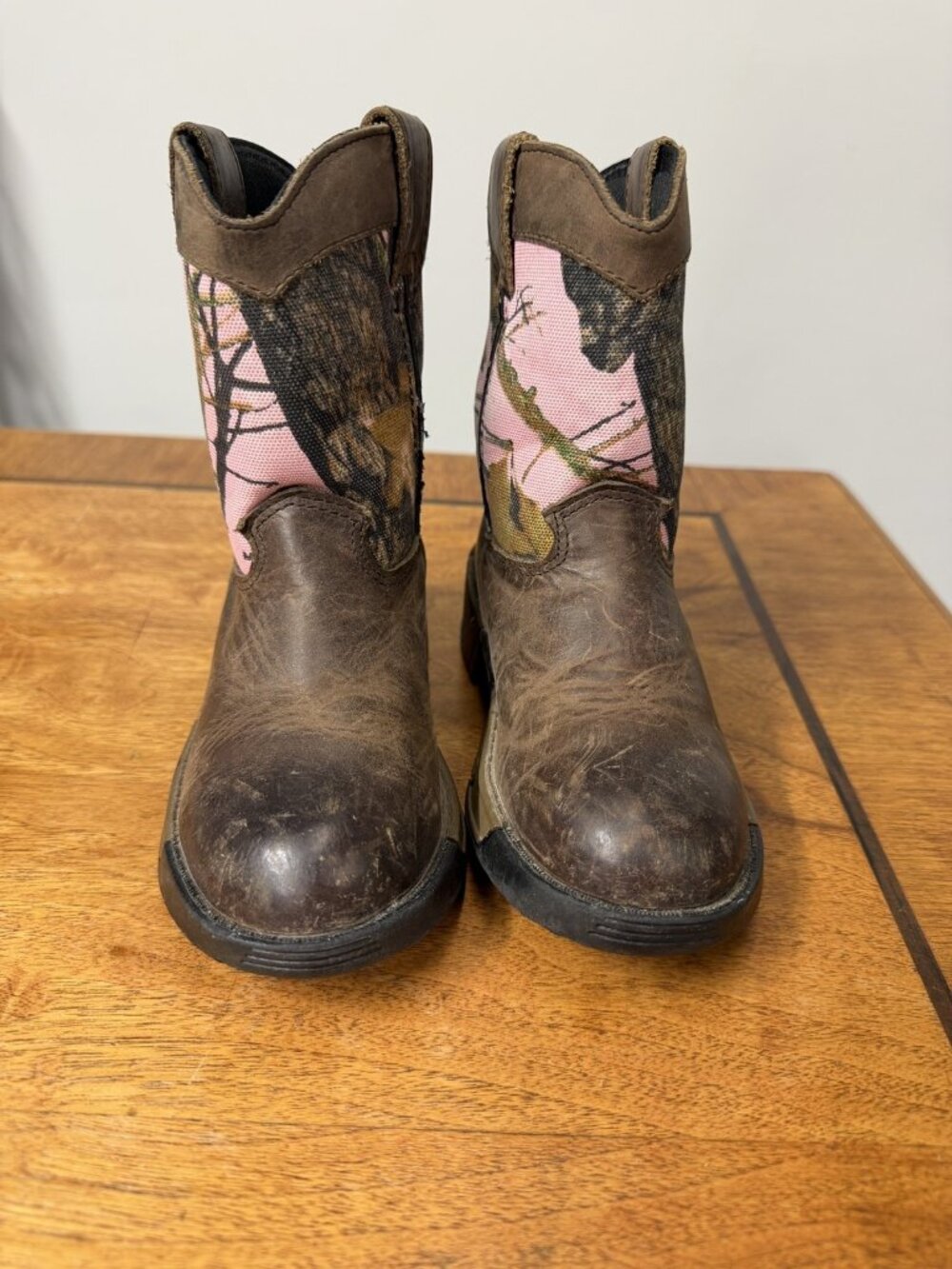 VTG Girls 11 Rocky Cowboy Brown Pink Camo Leather‎ Cowgirl Western Farm Boots